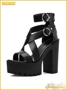 Women's Chunky Block Heel Ankle Strap Cutout Open Toe Platform Sandals